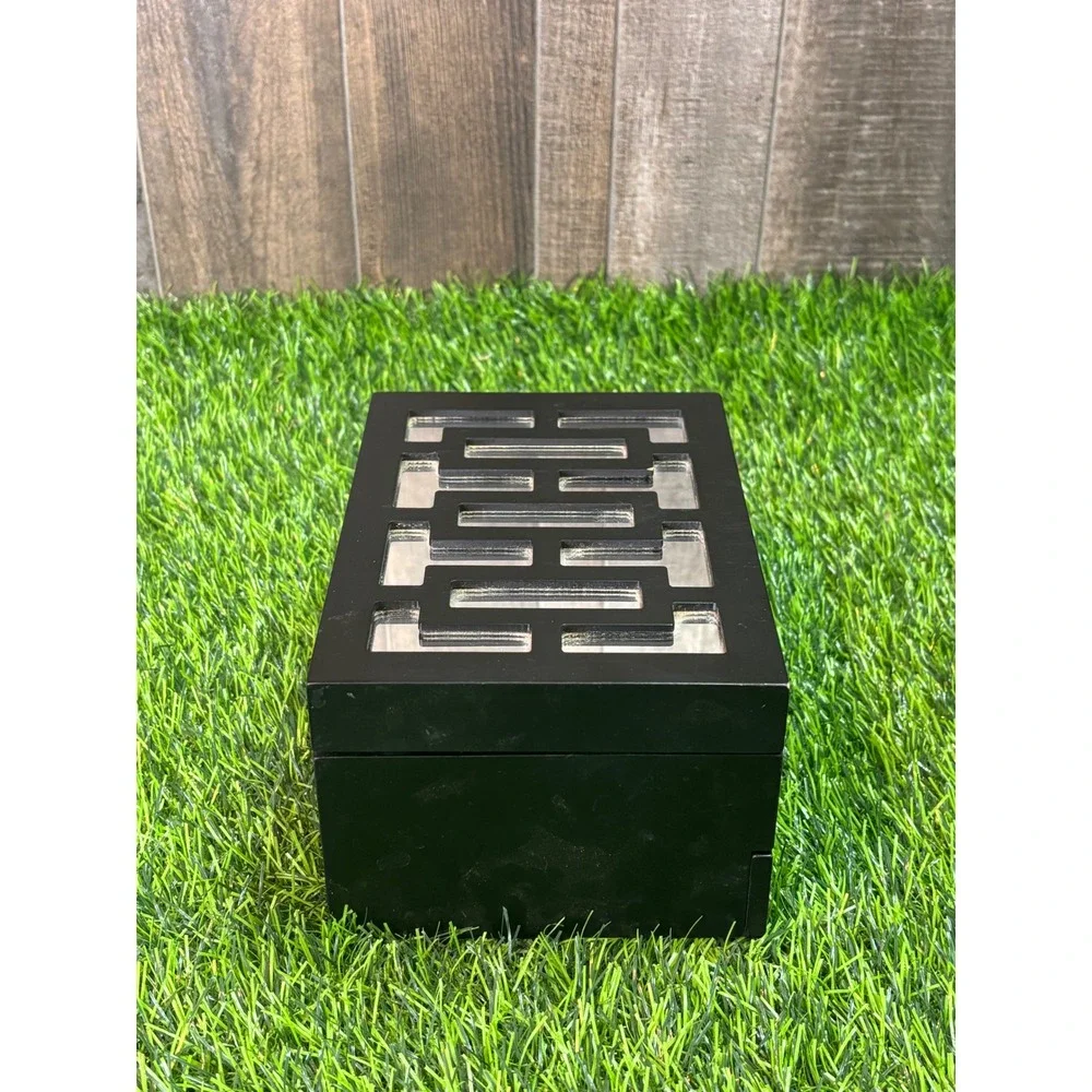 Black Wooden Jewelry Box Greek Key Mirrored Inlay 2 Tier Storage Organizer‎